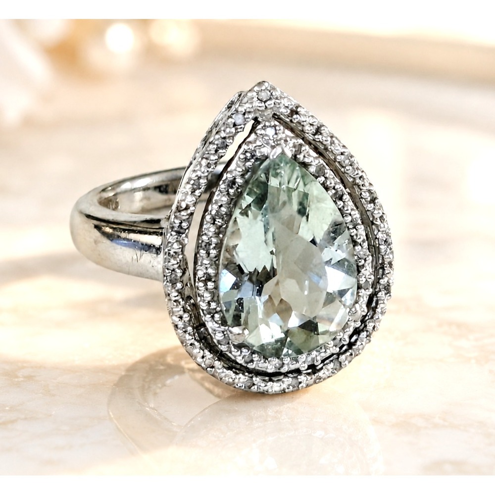 Vintage Sterling Silver Pear Aquamarine Diamond Halo Ring 925 Size 7 Statement